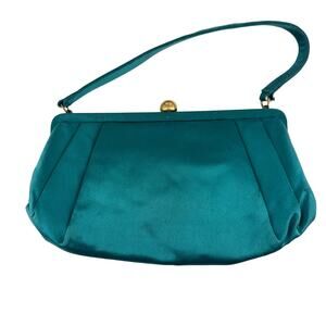 MM Vintage Teal Satin Evening Bag Gold Lining 50s Cocktail Purse mirror coin